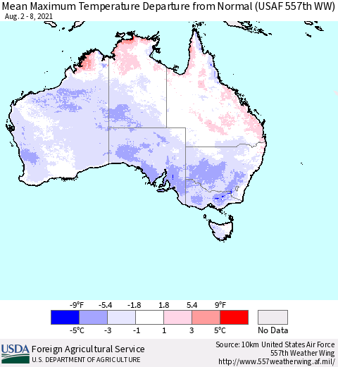 Australia Mean Maximum Temperature Departure from Normal (USAF 557th WW) Thematic Map For 8/2/2021 - 8/8/2021