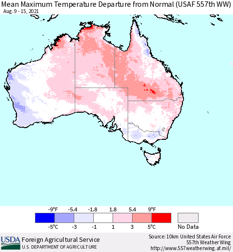 Australia Mean Maximum Temperature Departure from Normal (USAF 557th WW) Thematic Map For 8/9/2021 - 8/15/2021