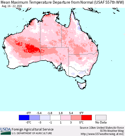 Australia Mean Maximum Temperature Departure from Normal (USAF 557th WW) Thematic Map For 8/16/2021 - 8/22/2021