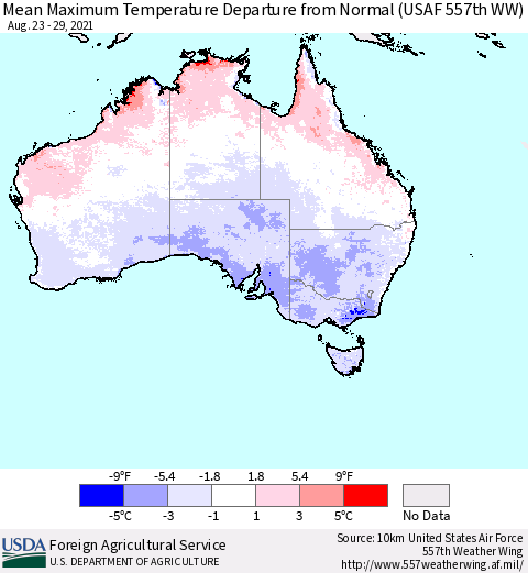 Australia Mean Maximum Temperature Departure from Normal (USAF 557th WW) Thematic Map For 8/23/2021 - 8/29/2021
