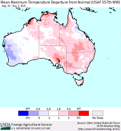 Australia Mean Maximum Temperature Departure from Normal (USAF 557th WW) Thematic Map For 8/30/2021 - 9/5/2021