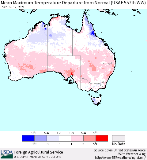 Australia Mean Maximum Temperature Departure from Normal (USAF 557th WW) Thematic Map For 9/6/2021 - 9/12/2021
