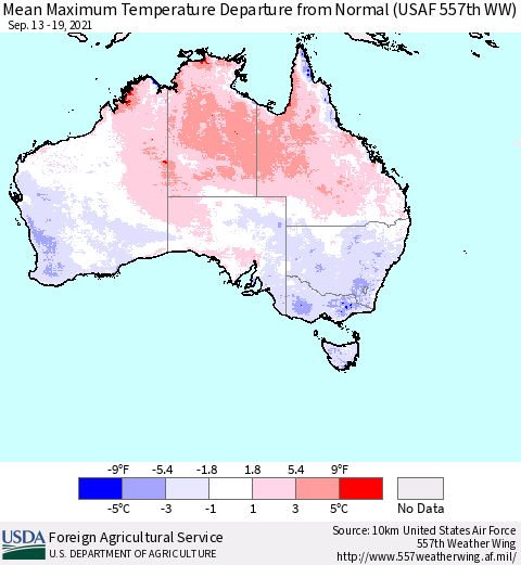 Australia Mean Maximum Temperature Departure from Normal (USAF 557th WW) Thematic Map For 9/13/2021 - 9/19/2021