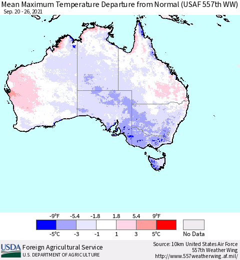 Australia Mean Maximum Temperature Departure from Normal (USAF 557th WW) Thematic Map For 9/20/2021 - 9/26/2021