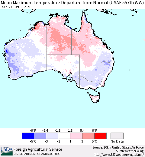 Australia Mean Maximum Temperature Departure from Normal (USAF 557th WW) Thematic Map For 9/27/2021 - 10/3/2021