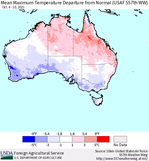 Australia Mean Maximum Temperature Departure from Normal (USAF 557th WW) Thematic Map For 10/4/2021 - 10/10/2021