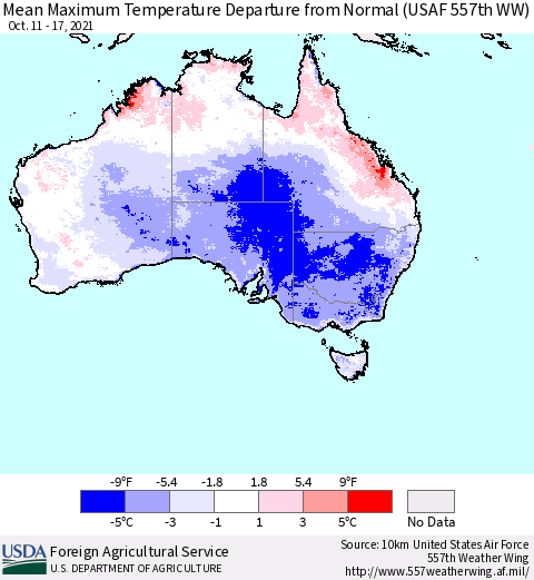 Australia Mean Maximum Temperature Departure from Normal (USAF 557th WW) Thematic Map For 10/11/2021 - 10/17/2021