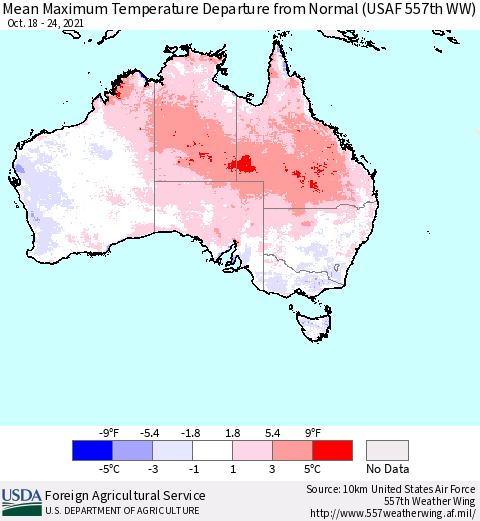 Australia Mean Maximum Temperature Departure from Normal (USAF 557th WW) Thematic Map For 10/18/2021 - 10/24/2021