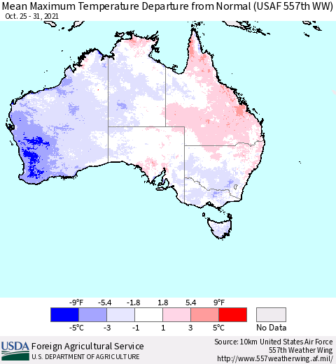 Australia Mean Maximum Temperature Departure from Normal (USAF 557th WW) Thematic Map For 10/25/2021 - 10/31/2021