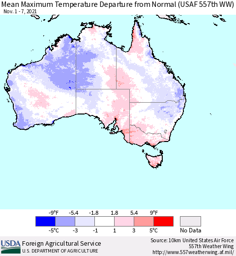 Australia Mean Maximum Temperature Departure from Normal (USAF 557th WW) Thematic Map For 11/1/2021 - 11/7/2021