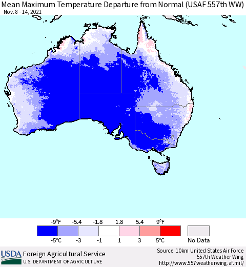 Australia Mean Maximum Temperature Departure from Normal (USAF 557th WW) Thematic Map For 11/8/2021 - 11/14/2021