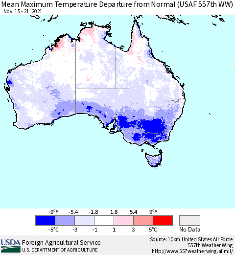 Australia Mean Maximum Temperature Departure from Normal (USAF 557th WW) Thematic Map For 11/15/2021 - 11/21/2021