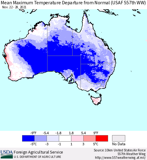 Australia Mean Maximum Temperature Departure from Normal (USAF 557th WW) Thematic Map For 11/22/2021 - 11/28/2021