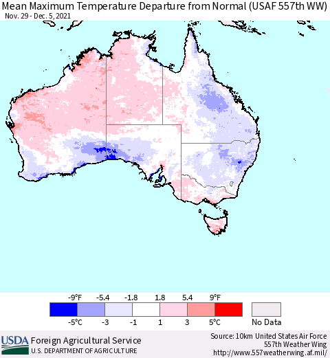 Australia Mean Maximum Temperature Departure from Normal (USAF 557th WW) Thematic Map For 11/29/2021 - 12/5/2021
