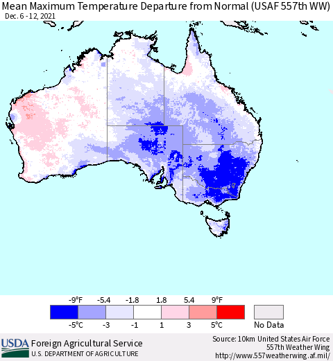 Australia Mean Maximum Temperature Departure from Normal (USAF 557th WW) Thematic Map For 12/6/2021 - 12/12/2021