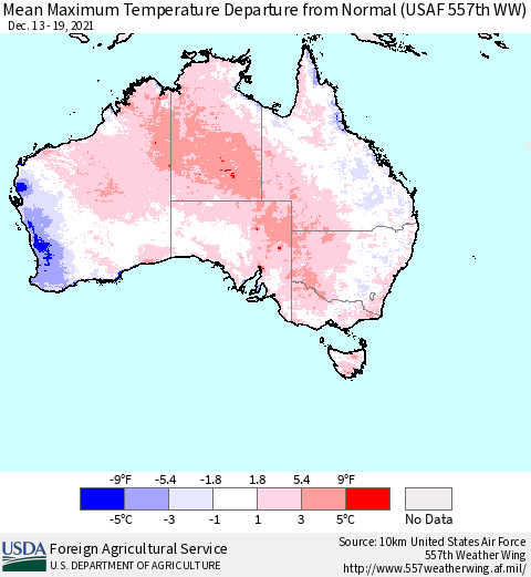 Australia Mean Maximum Temperature Departure from Normal (USAF 557th WW) Thematic Map For 12/13/2021 - 12/19/2021