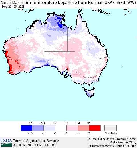Australia Mean Maximum Temperature Departure from Normal (USAF 557th WW) Thematic Map For 12/20/2021 - 12/26/2021