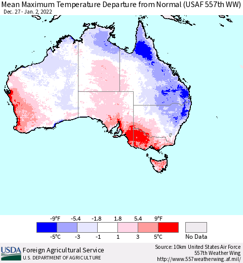 Australia Mean Maximum Temperature Departure from Normal (USAF 557th WW) Thematic Map For 12/27/2021 - 1/2/2022