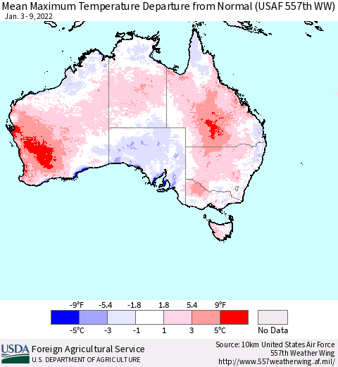 Australia Mean Maximum Temperature Departure from Normal (USAF 557th WW) Thematic Map For 1/3/2022 - 1/9/2022