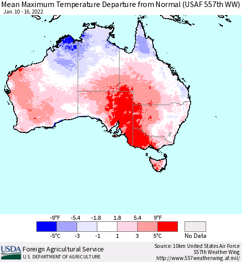 Australia Mean Maximum Temperature Departure from Normal (USAF 557th WW) Thematic Map For 1/10/2022 - 1/16/2022