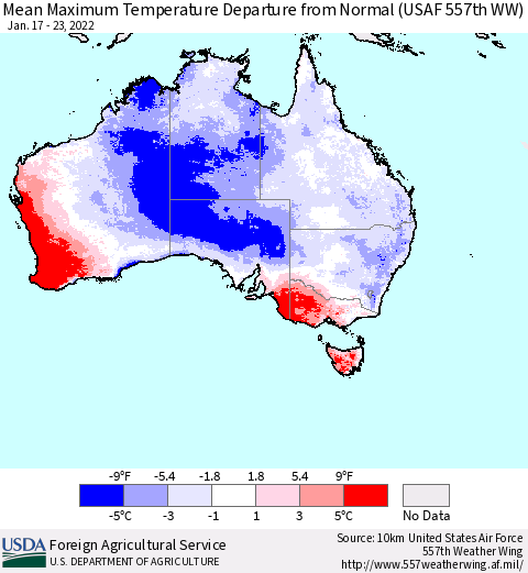 Australia Mean Maximum Temperature Departure from Normal (USAF 557th WW) Thematic Map For 1/17/2022 - 1/23/2022