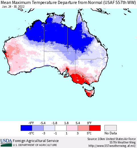 Australia Mean Maximum Temperature Departure from Normal (USAF 557th WW) Thematic Map For 1/24/2022 - 1/30/2022