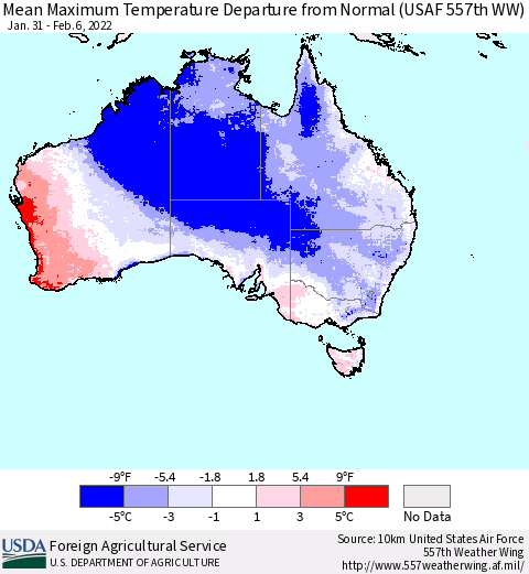 Australia Mean Maximum Temperature Departure from Normal (USAF 557th WW) Thematic Map For 1/31/2022 - 2/6/2022