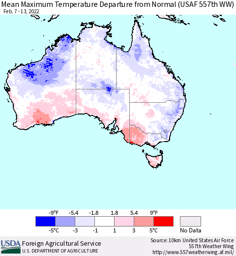 Australia Mean Maximum Temperature Departure from Normal (USAF 557th WW) Thematic Map For 2/7/2022 - 2/13/2022