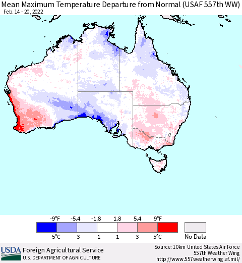 Australia Mean Maximum Temperature Departure from Normal (USAF 557th WW) Thematic Map For 2/14/2022 - 2/20/2022