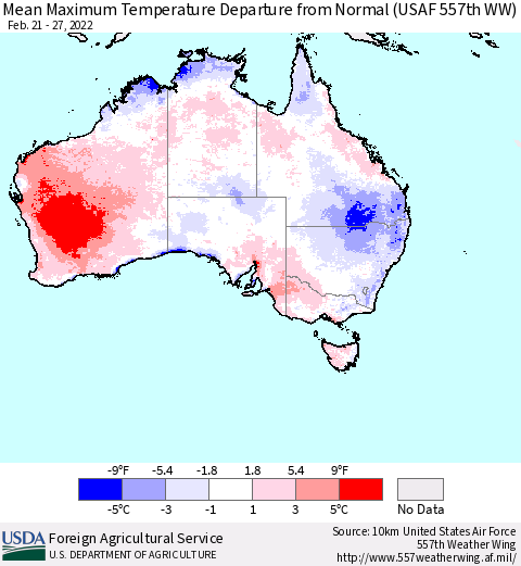 Australia Mean Maximum Temperature Departure from Normal (USAF 557th WW) Thematic Map For 2/21/2022 - 2/27/2022