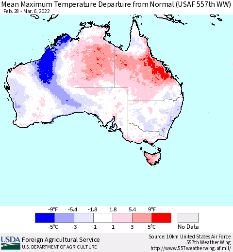 Australia Mean Maximum Temperature Departure from Normal (USAF 557th WW) Thematic Map For 2/28/2022 - 3/6/2022