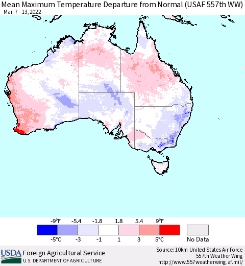 Australia Mean Maximum Temperature Departure from Normal (USAF 557th WW) Thematic Map For 3/7/2022 - 3/13/2022