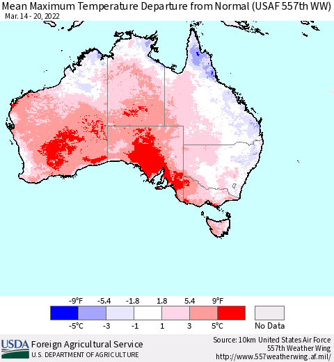 Australia Mean Maximum Temperature Departure from Normal (USAF 557th WW) Thematic Map For 3/14/2022 - 3/20/2022