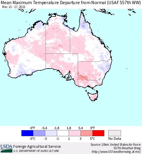 Australia Mean Maximum Temperature Departure from Normal (USAF 557th WW) Thematic Map For 3/21/2022 - 3/27/2022