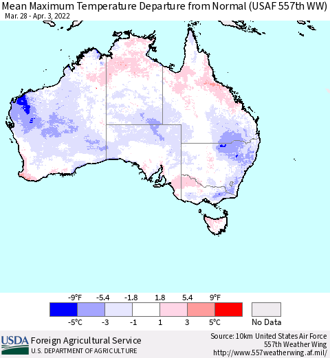 Australia Mean Maximum Temperature Departure from Normal (USAF 557th WW) Thematic Map For 3/28/2022 - 4/3/2022