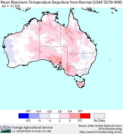 Australia Mean Maximum Temperature Departure from Normal (USAF 557th WW) Thematic Map For 4/4/2022 - 4/10/2022