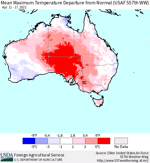 Australia Mean Maximum Temperature Departure from Normal (USAF 557th WW) Thematic Map For 4/11/2022 - 4/17/2022