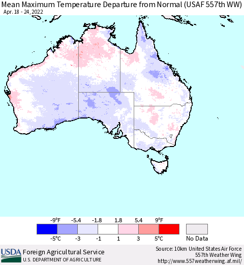 Australia Mean Maximum Temperature Departure from Normal (USAF 557th WW) Thematic Map For 4/18/2022 - 4/24/2022