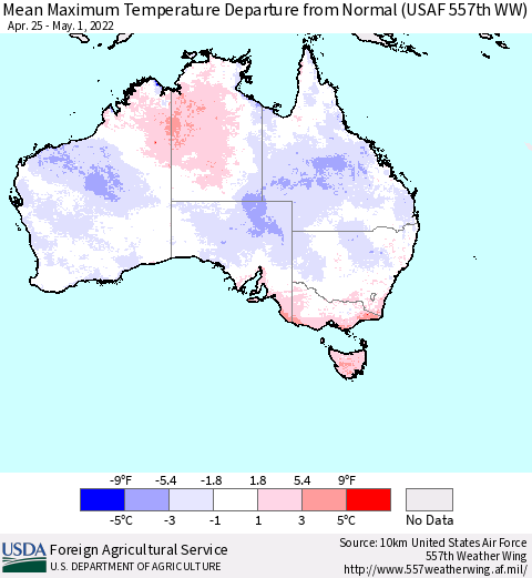 Australia Mean Maximum Temperature Departure from Normal (USAF 557th WW) Thematic Map For 4/25/2022 - 5/1/2022