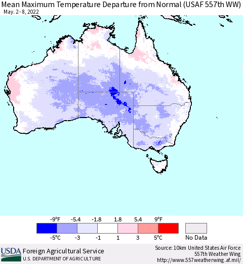 Australia Mean Maximum Temperature Departure from Normal (USAF 557th WW) Thematic Map For 5/2/2022 - 5/8/2022
