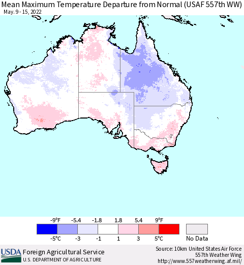 Australia Mean Maximum Temperature Departure from Normal (USAF 557th WW) Thematic Map For 5/9/2022 - 5/15/2022