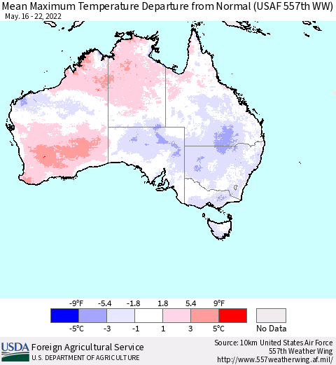 Australia Mean Maximum Temperature Departure from Normal (USAF 557th WW) Thematic Map For 5/16/2022 - 5/22/2022