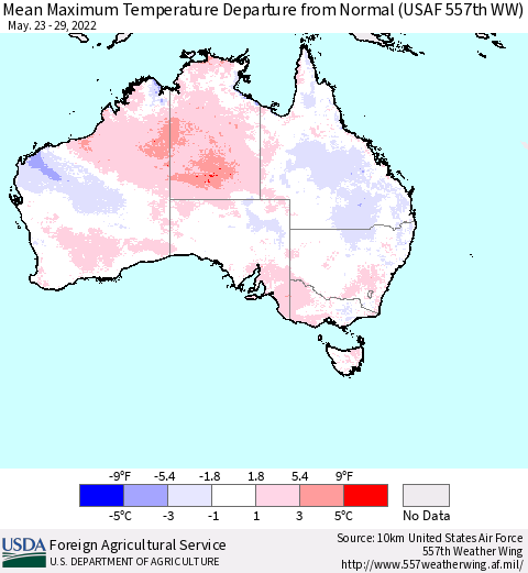 Australia Mean Maximum Temperature Departure from Normal (USAF 557th WW) Thematic Map For 5/23/2022 - 5/29/2022