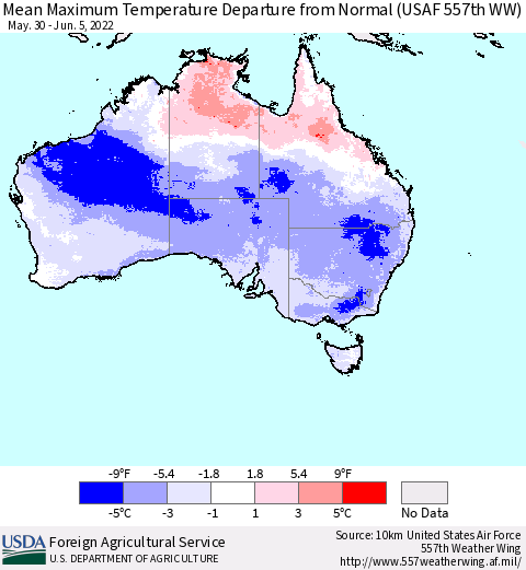 Australia Mean Maximum Temperature Departure from Normal (USAF 557th WW) Thematic Map For 5/30/2022 - 6/5/2022