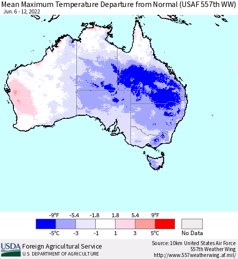 Australia Mean Maximum Temperature Departure from Normal (USAF 557th WW) Thematic Map For 6/6/2022 - 6/12/2022