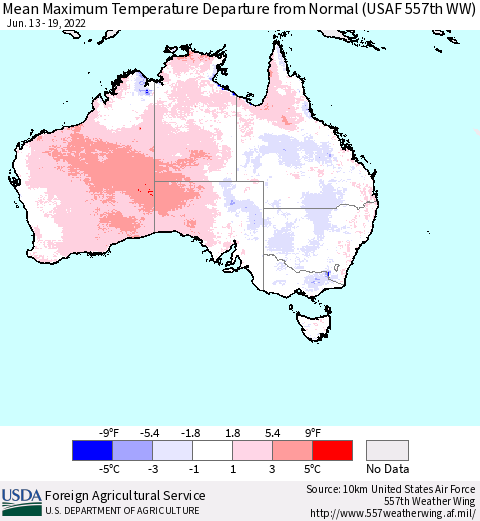 Australia Mean Maximum Temperature Departure from Normal (USAF 557th WW) Thematic Map For 6/13/2022 - 6/19/2022