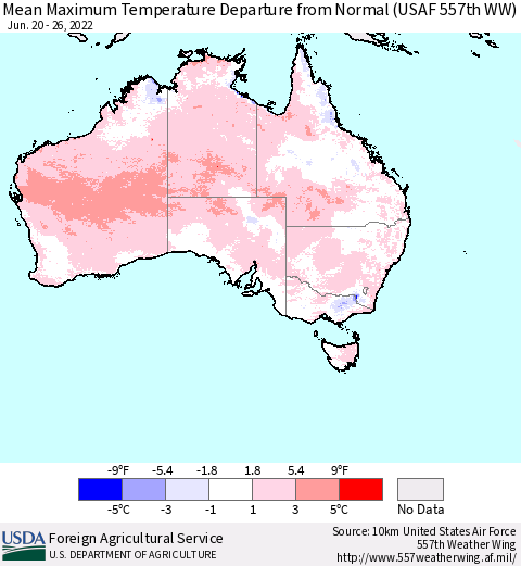 Australia Mean Maximum Temperature Departure from Normal (USAF 557th WW) Thematic Map For 6/20/2022 - 6/26/2022