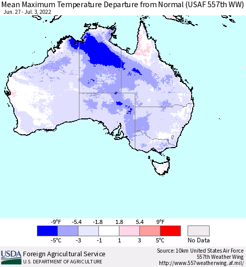 Australia Mean Maximum Temperature Departure from Normal (USAF 557th WW) Thematic Map For 6/27/2022 - 7/3/2022