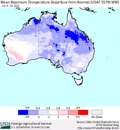 Australia Mean Maximum Temperature Departure from Normal (USAF 557th WW) Thematic Map For 7/4/2022 - 7/10/2022