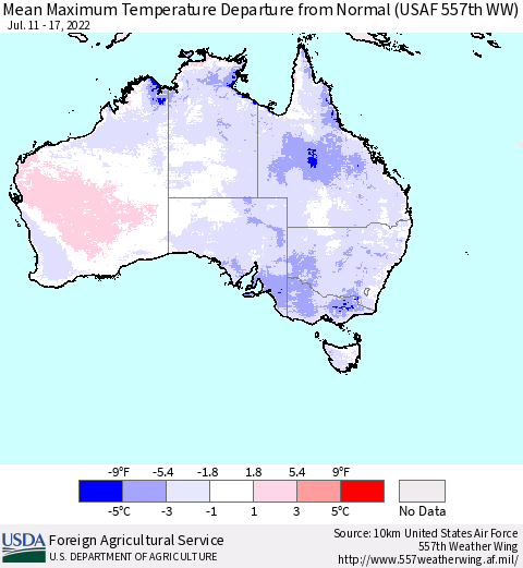 Australia Mean Maximum Temperature Departure from Normal (USAF 557th WW) Thematic Map For 7/11/2022 - 7/17/2022